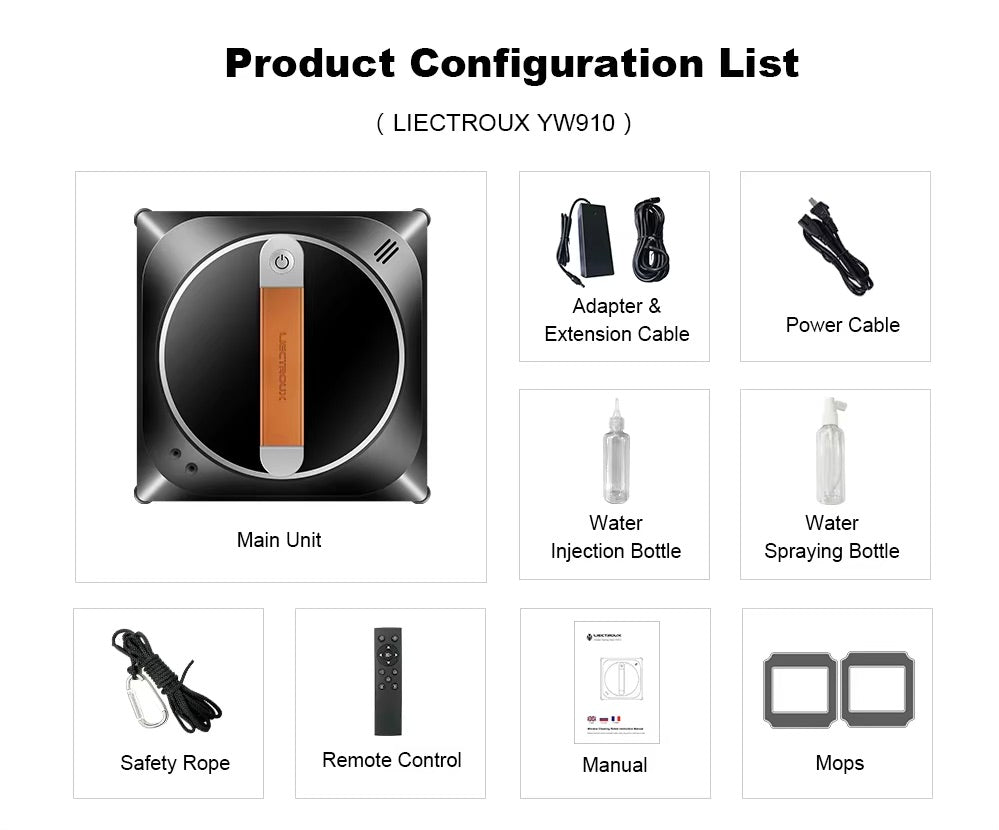 Windows Cleaning Robot Liectroux, YW910, Mobile app, Remote control, Bluetooth, 216*216*70 mm, spray incorporated in the robot